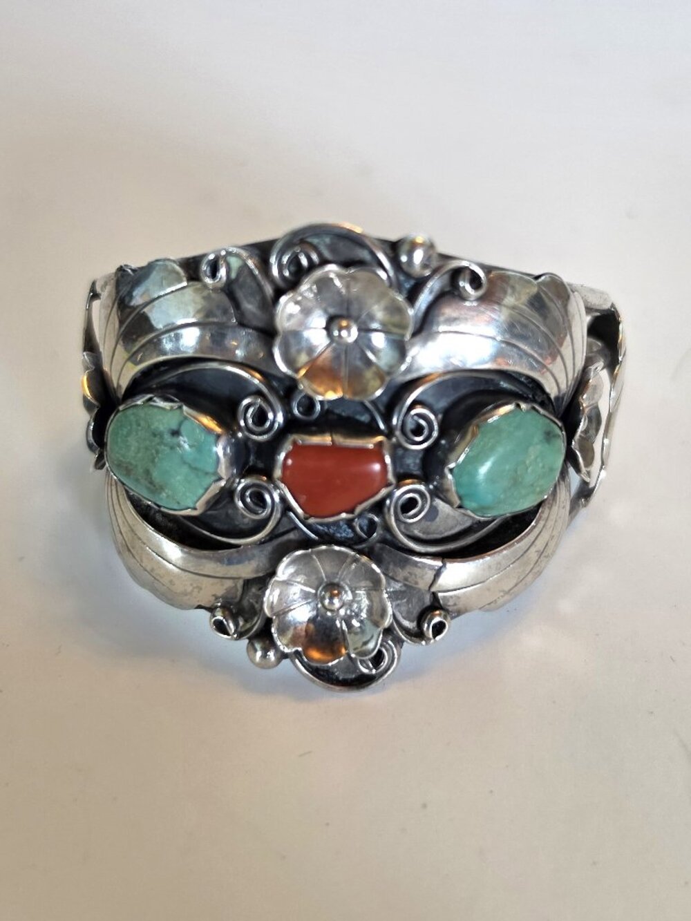 Authentic Vintage 1960s Navajo Turquoise, Coral & Sterling Silver Cuff Bracelet